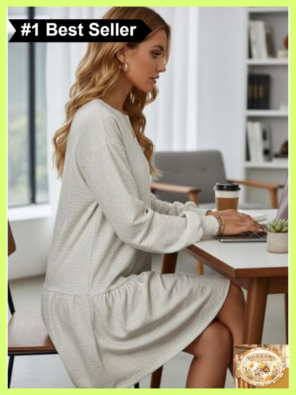 Long Sleeve Ribbed Knit A-Line Mini Dress Ruffle Hem Pullover - Picture 3 of 6